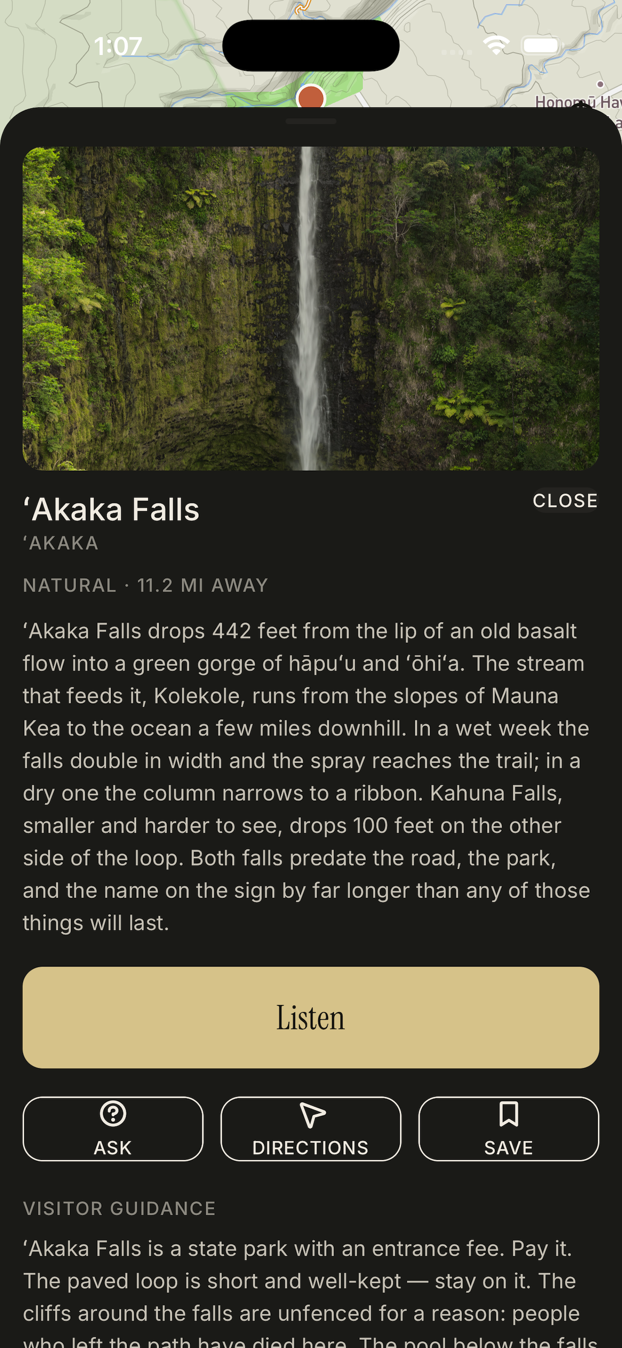 ʻAkaka Falls place detail with hero photo, body description, Listen and Ask actions, and Visitor guidance