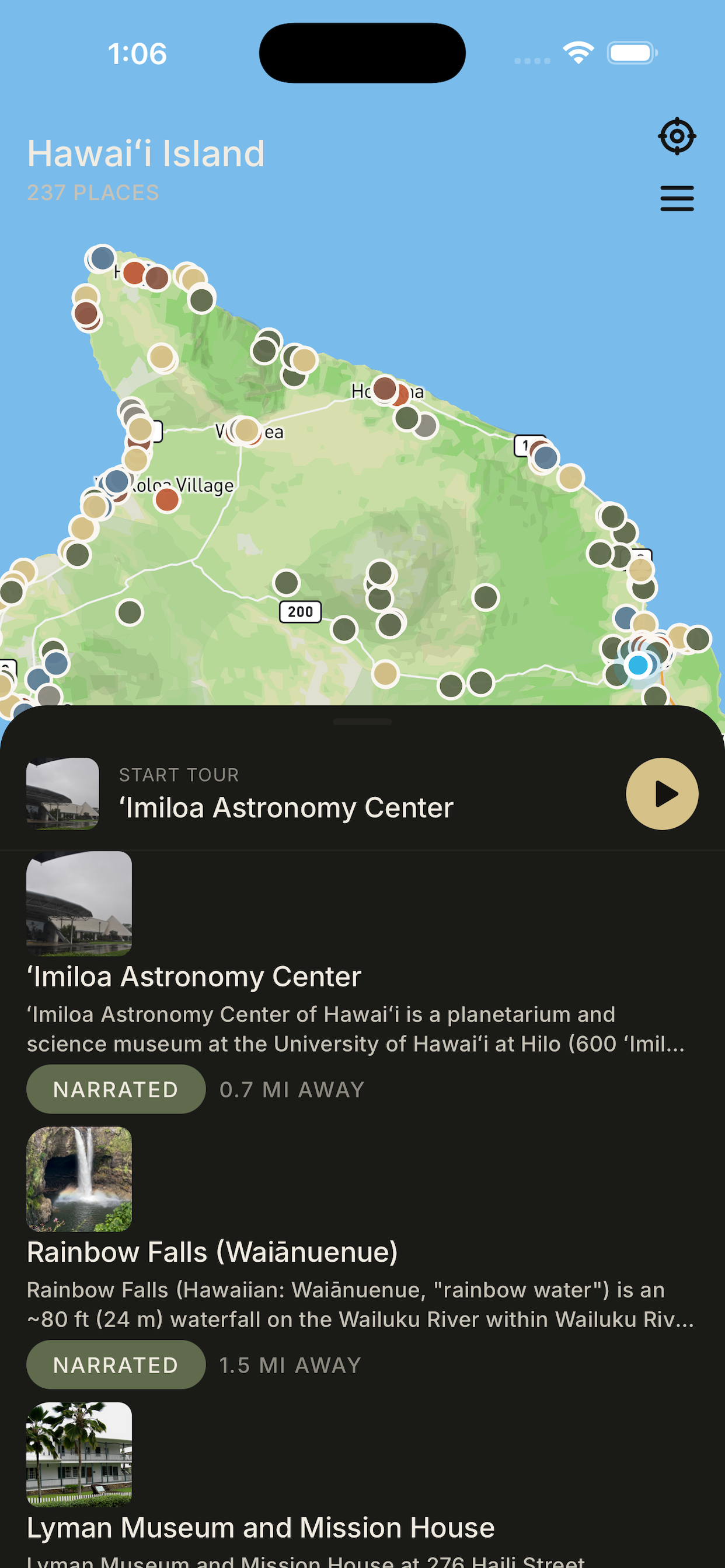 Hawaiʻi Island map with the nearby-POI carousel showing ʻImiloa, Rainbow Falls, and Lyman Museum