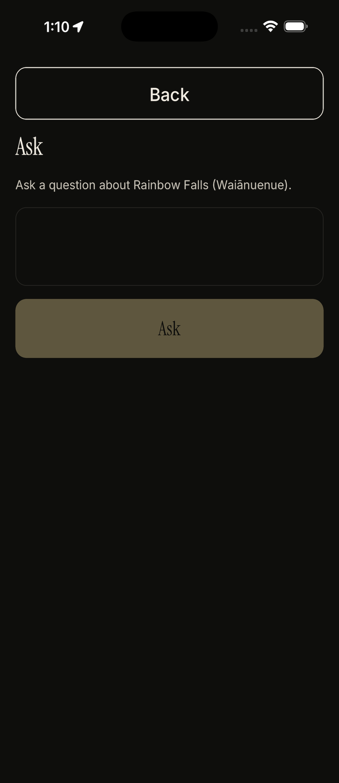 Ask flow scoped to Rainbow Falls, with a typed question and an AI-generated response